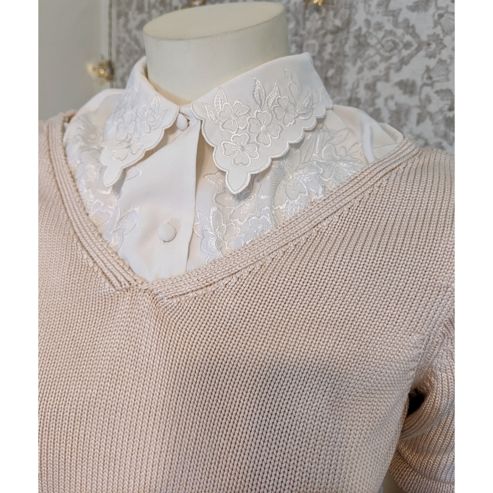 Hand-Altered Silk Sweater w/vintage Floral Collar - Picture 2 of 8